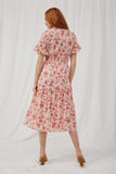 HN4725 Blush Womens Floral Square Neck Smocked Waist Tiered Dress Front