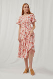 HN4725 Blush Womens Floral Square Neck Smocked Waist Tiered Dress Front