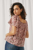 HN4728 Mauve Womens Floral Print Flutter Sleeve Smocked Square Neck Top Back