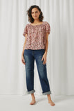 HN4728 Mauve Womens Floral Print Flutter Sleeve Smocked Square Neck Top Full Body 2