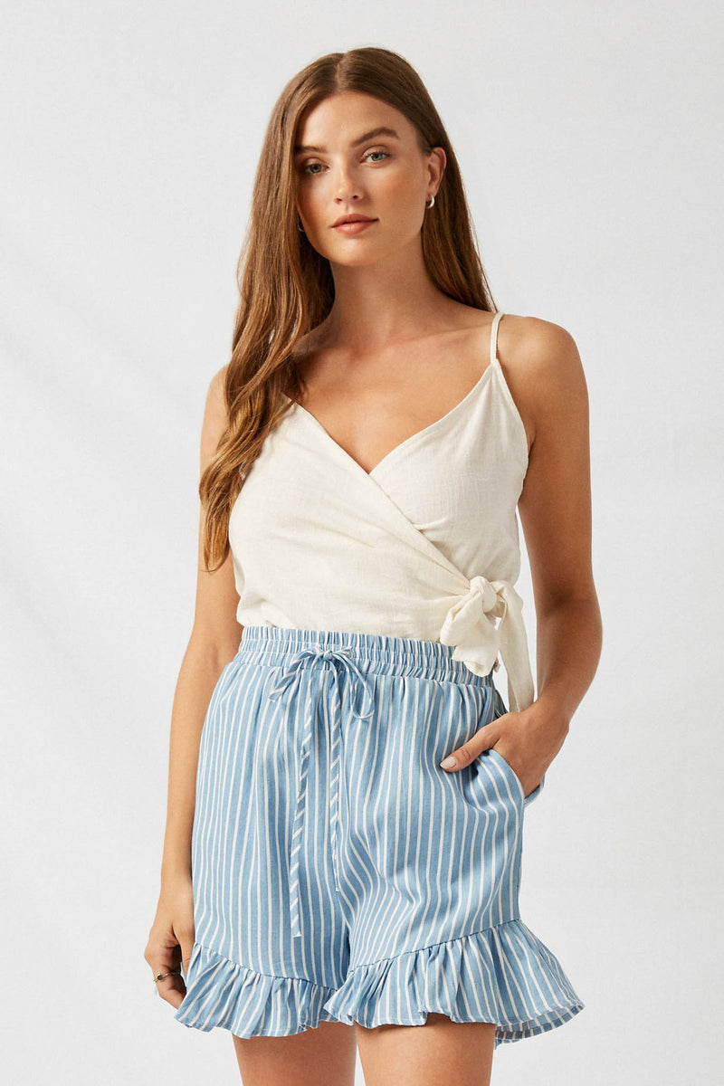 HY1009 Denim Stripe Chambray Denim Drawstring Short Front