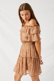 HY1030 Brown Off-Shoulder Ruffle Mini Dress Side