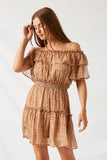 HY1030 Brown Off-Shoulder Ruffle Mini Dress Front