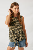 Camo Print Tie Front Knit Sleeveless Top