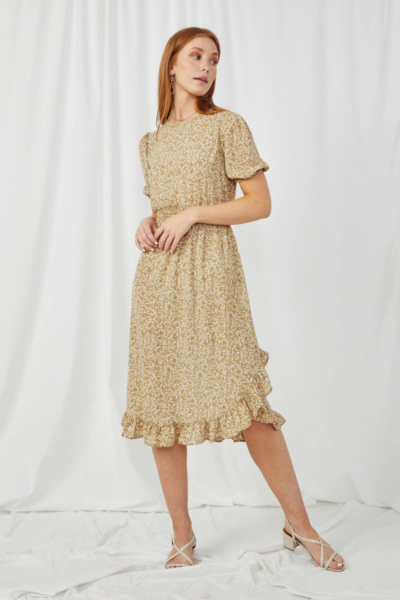 HY1123 Sage Womens Floral Puff Sleeve Ruffle Smock Waist Midi Dress Full Body