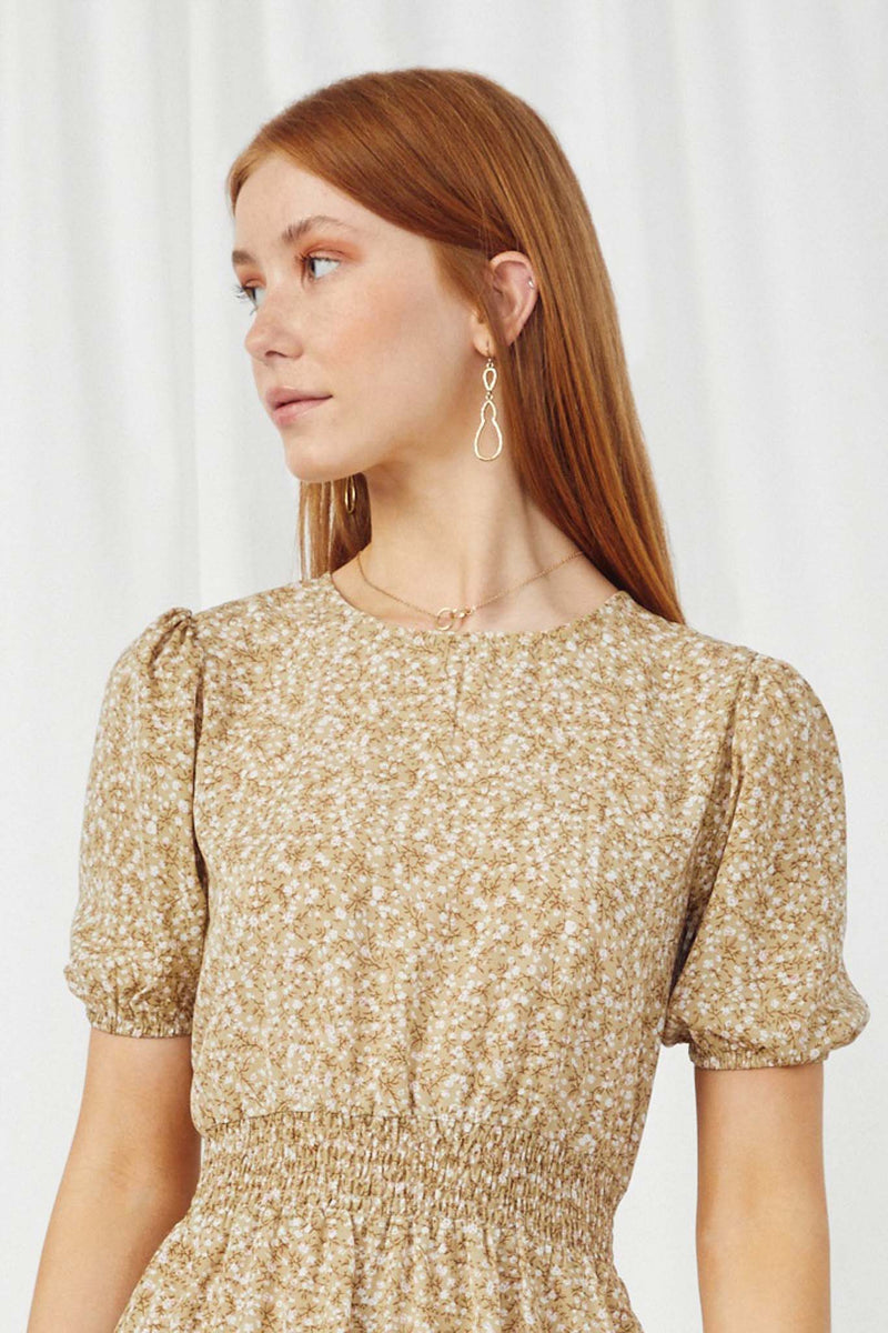 HY1123 Sage Womens Floral Puff Sleeve Ruffle Smock Waist Midi Dress Close Up