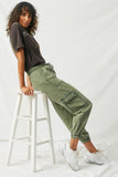 HY1161 Olive Womens Mineral Washed Cargo Joggers Full Body