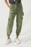 HY1161 Olive Womens Mineral Washed Cargo Joggers Front