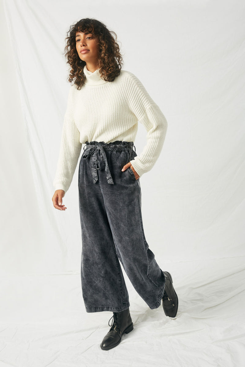 HY1162 Charcoal Womens Mineral Washed Paper Bag Trousers Full Body