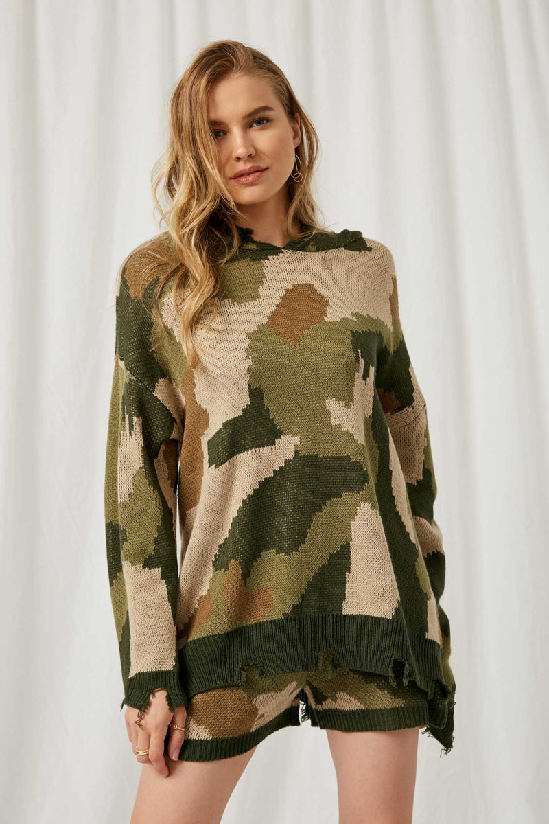 HY1167 Camo Womens Distressed Knit Camo Hoodie Front
