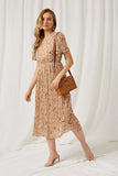 HY1195 Beige Womens Pleated Floral Midi Dress Full Body