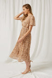 HY1195 Beige Womens Pleated Floral Midi Dress Side