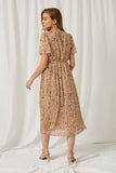 HY1195 Beige Womens Pleated Floral Midi Dress Back