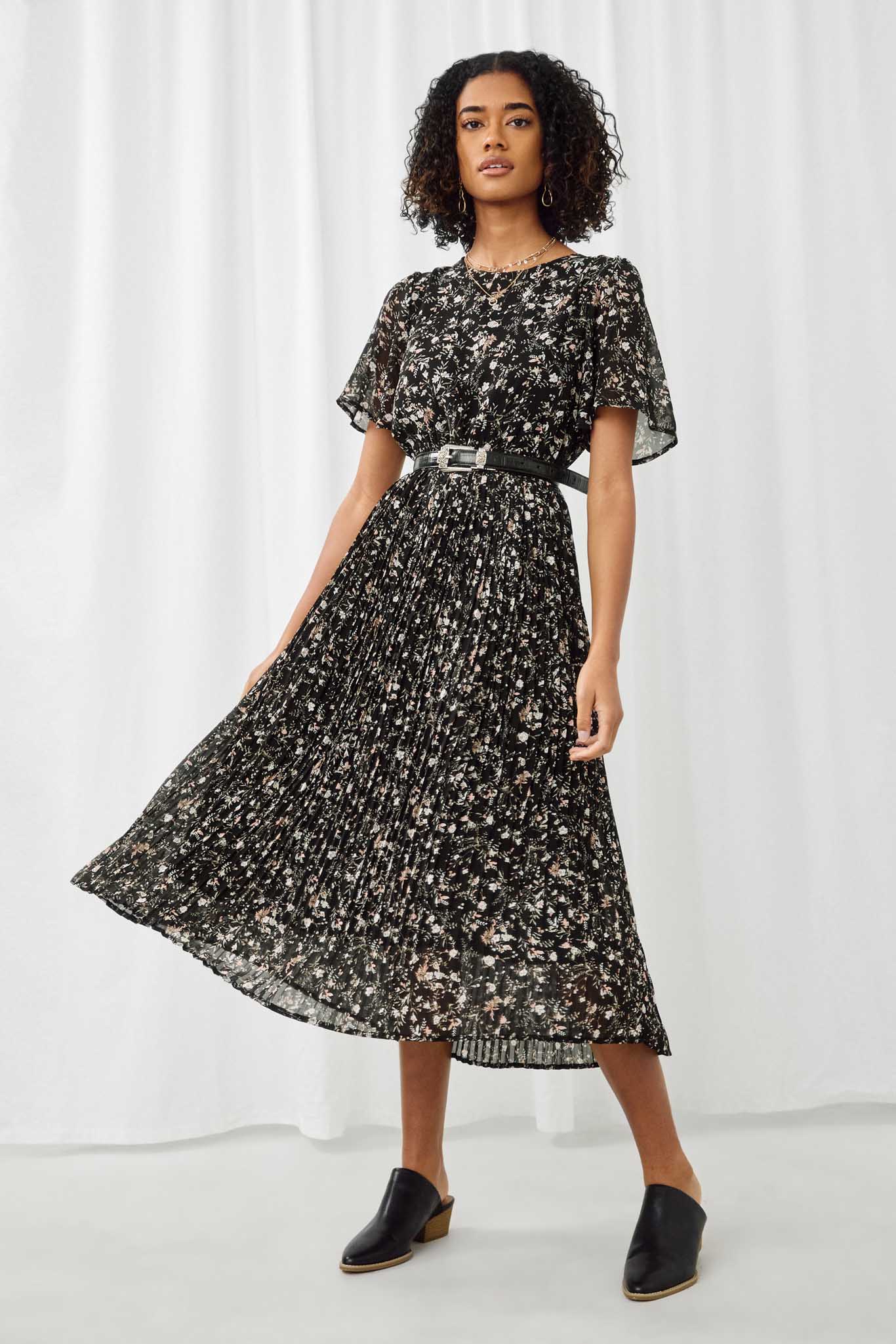 black floral pleated midi dress Baltic Born Womens Prim Pleated Dress | Black Print