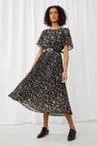 HY1195 Black Womens Pleated Floral Midi Dress Front