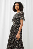 HY1195 Black Womens Pleated Floral Midi Dress Side