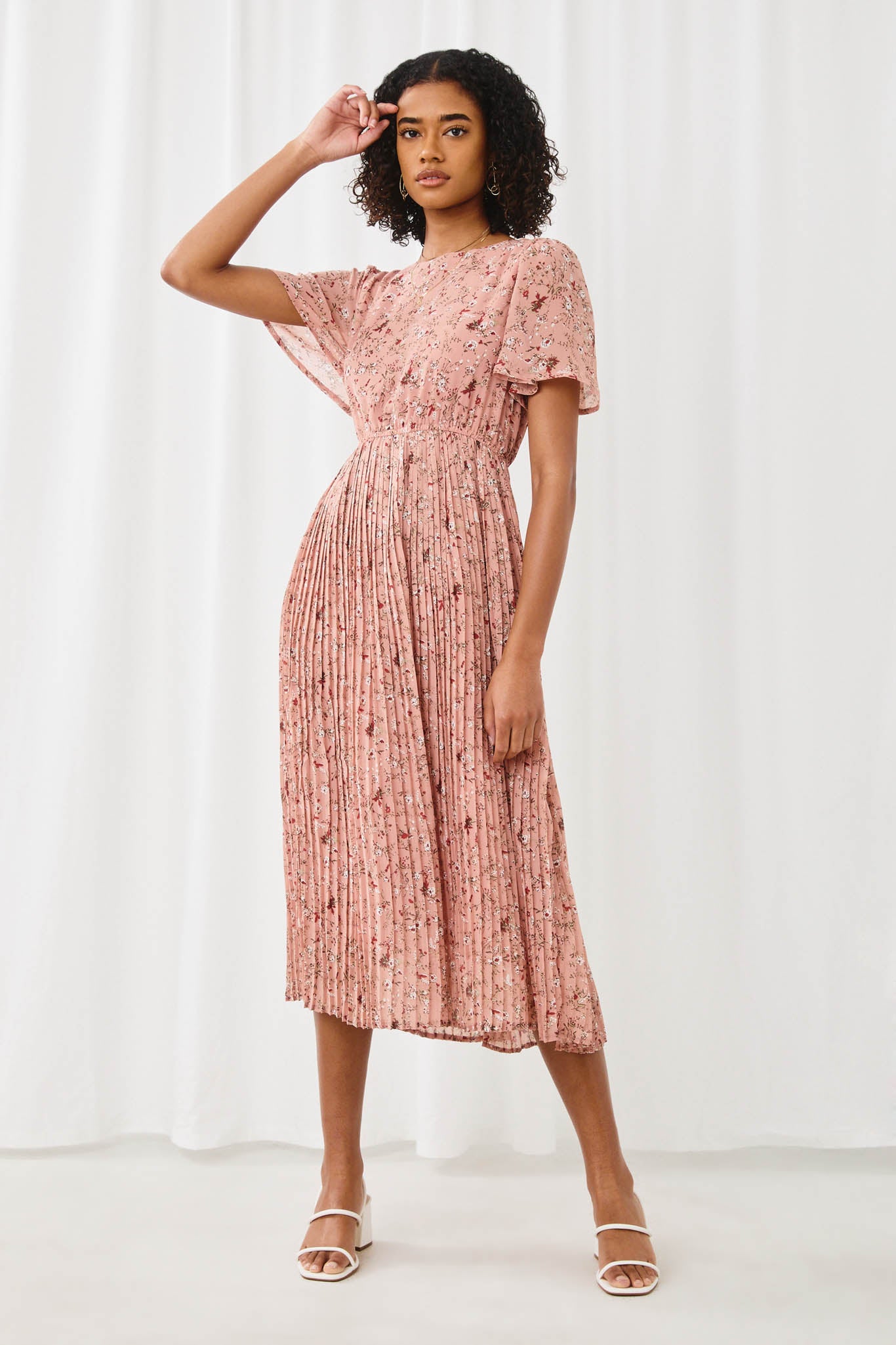 floral pleat sleeve dress Floral Chiffon Midi Dress, 3/4 Sleeve