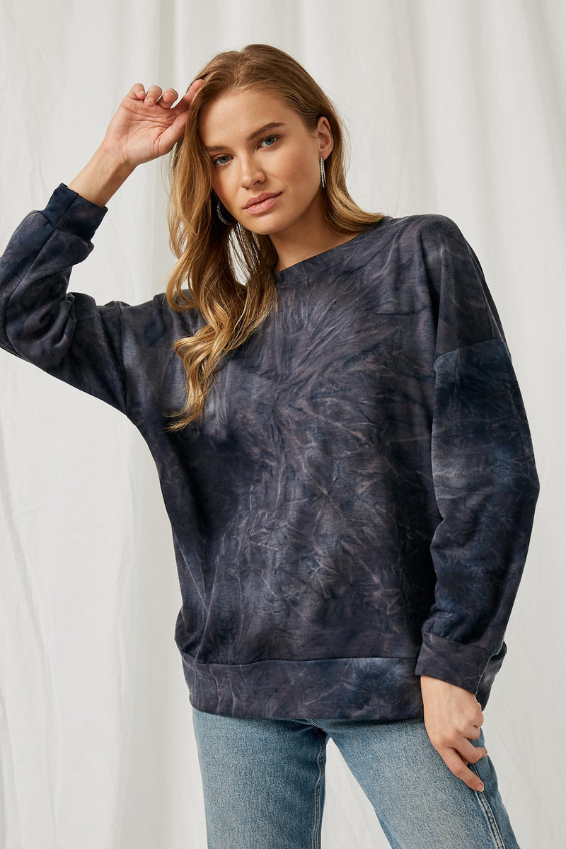 HJ1213 Navy Womens Tie-Dye Pullover Knit Top Front