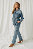 HY1228 DENIM Womens Denim Belted Jacket Side