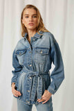 HY1228 DENIM Womens Denim Belted Jacket Front