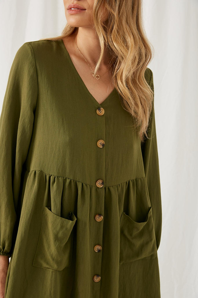 HY1230 OLIVE Button Down Pocketed Dress Detail