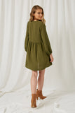 HY1230 OLIVE Button Down Pocketed Dress Back