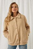 HY1238 Taupe Womens Collared Soft Sherpa Jacket Front