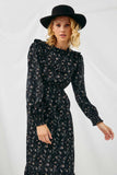 HY1241 BLACK Womens Floral Ruffle Midi Smocked Dress Front