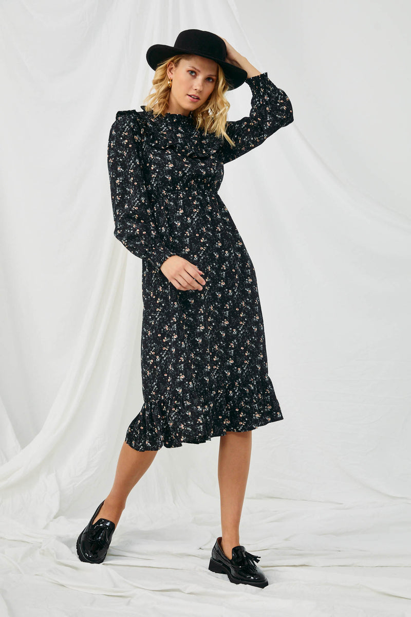 HY1241 BLACK Womens Floral Ruffle Midi Smocked Dress Full Body