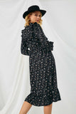 HY1241 BLACK Womens Floral Ruffle Midi Smocked Dress Back