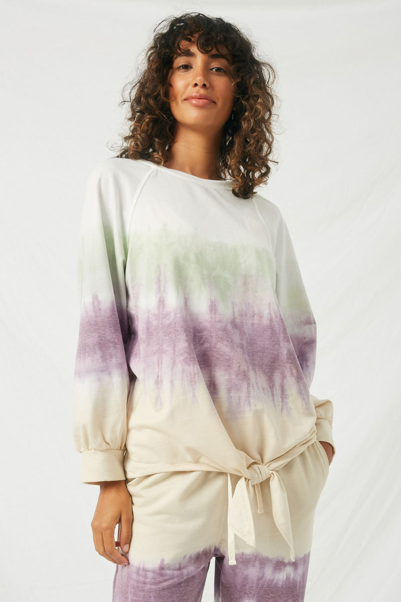 HY1328 Taupe Womens Garment Dyed Multicolor Tie Front Sweatshirt- Front
