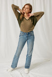 HY1337 Olive Womens Colorblock Waffle Knit Top Full Body