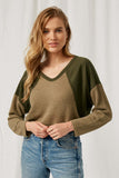 HY1337 Olive Womens Colorblock Waffle Knit Top Front