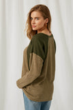 HY1337 Olive Womens Colorblock Waffle Knit Top Side