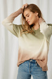 HY1339 Olive Womens Ombre Dye Distressed V Neck Sweater Pose