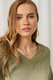 HY1339 Olive Womens Ombre Dye Distressed V Neck Sweater Front Detail