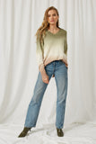 HY1339 Olive Womens Ombre Dye Distressed V Neck Sweater Full Body