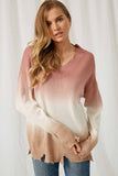 HY1339 Pink Womens Ombre Dye Distressed V Neck Sweater Front