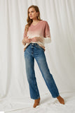 HY1339 Pink Womens Ombre Dye Distressed V Neck Sweater Full Body