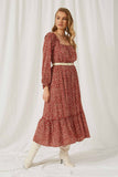 HY1349 RUST Square Neck Floral Ruffle Maxi Dress Full Body