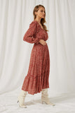 HY1349 RUST Square Neck Floral Ruffle Maxi Dress Side