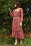 HY1349 RUST Womens Square Neck Floral Ruffle Maxi Dress Full Body