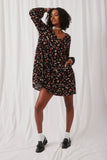 HY1351 Black Womens Button Down Floral Mini Dress Full Body