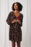 HY1351 Black Womens Button Down Floral Mini Dress Front 2