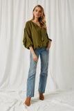 HY2005 Olive Womens Tasseled V Neck Dolman Top Front