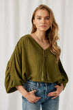 HY2005 Olive Womens Tasseled V Neck Dolman Top Full Body