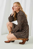 HY2033 Black Womens Floral Smock Neck Long Sleeve Mini Dress Pose