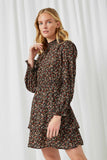 HY2033 Black Womens Floral Smock Neck Long Sleeve Mini Dress Front