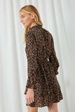 HY2033 Black Womens Floral Smock Neck Long Sleeve Mini Dress Side