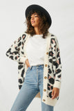 HY2048 Ivory Womens Fuzzy Leopard Sweater Cardigan Front